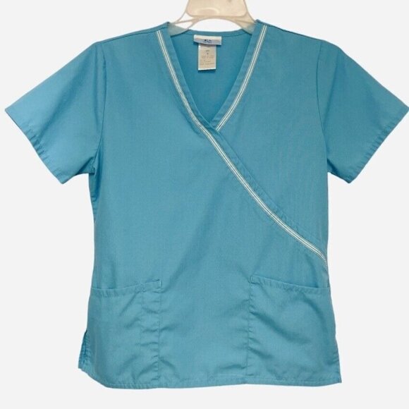 SB Scrubs Women's Mock Crossover Top Small‎ Turquoise Pockets Medical Uniforms - Picture 3 of 13